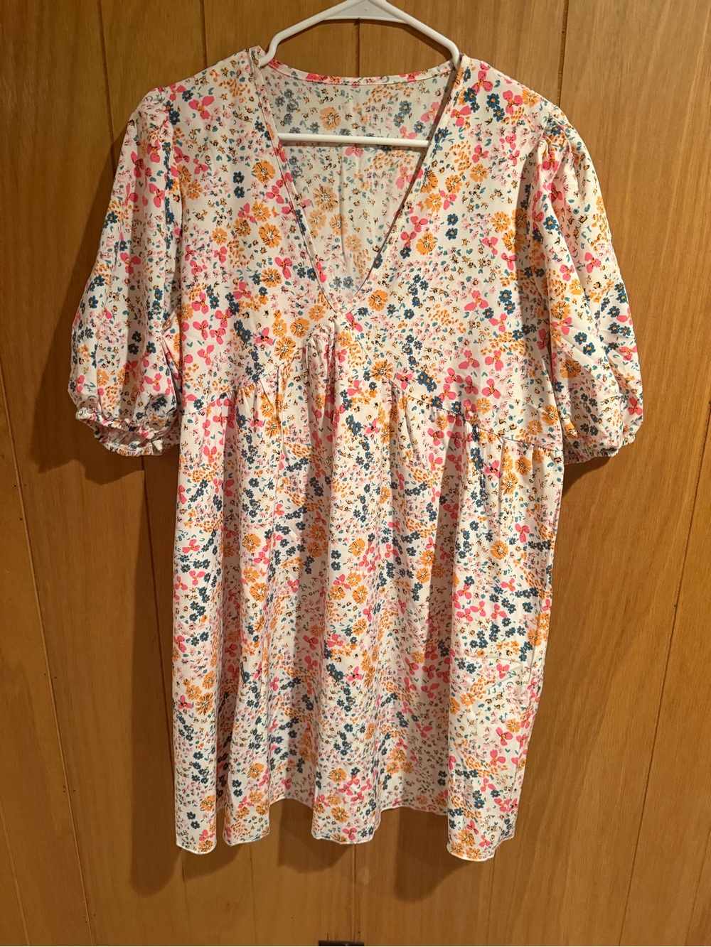 SHEIN Cream Floral V-Neck Puff Sleeve Casual Dress with Pink & Yellow Flowers